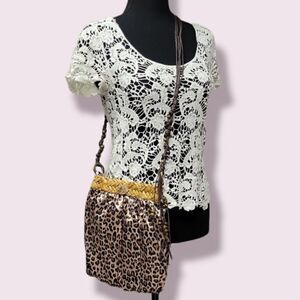 Cappelli Straworld Leopard Print Shoulder Bag Purse Tote Boho Hippie Cro…